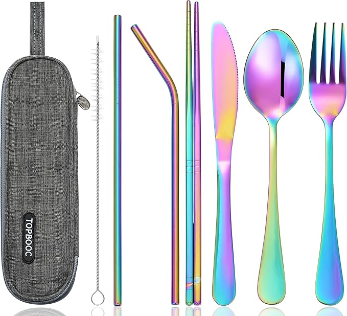 Portable Stainless Steel Flatware Set, Travel Camping Cutlery Set, Portable Utensil Travel Silverware Dinnerware Set with a Waterproof Case (Rainbow)