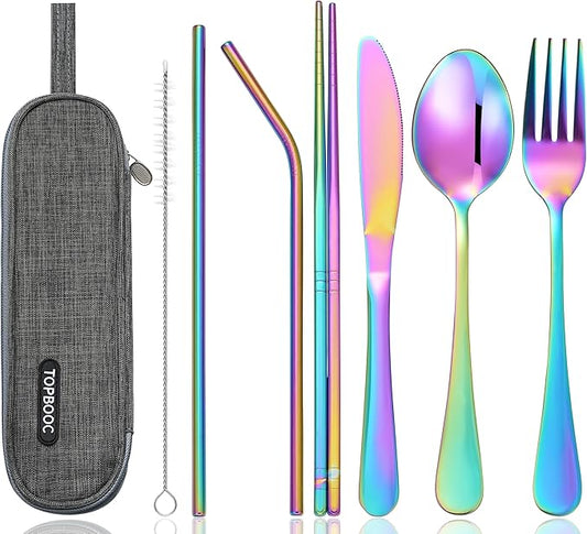 Portable Stainless Steel Flatware Set, Travel Camping Cutlery Set, Portable Utensil Travel Silverware Dinnerware Set with a Waterproof Case (Rainbow)