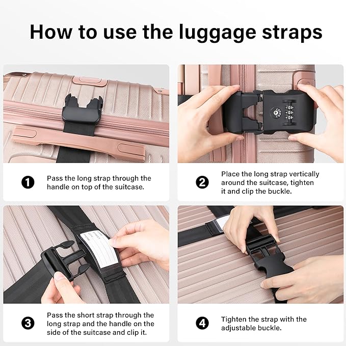 Luggage Straps, TSA Approved Luggage Strap Belt with Combination Lock for Suitcases, 2 Pack Heavy Duty Adjustable Black Cross Suitcase Straps with Name Tags for Travel, Carry On Bags, Protect