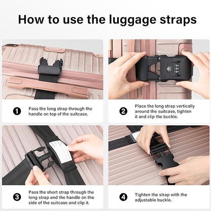 Luggage Straps, TSA Approved Luggage Strap Belt with Combination Lock for Suitcases, 2 Pack Heavy Duty Adjustable Black Cross Suitcase Straps with Name Tags for Travel, Carry On Bags, Protect
