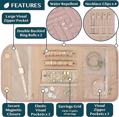 Pavilia Foldable Jewelry Organizer - Travel Roll Bag with Compartments for Earrings, Rings, Necklaces, Bracelets - Packing Accessory