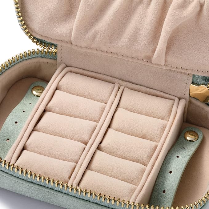 HISCOW Vegan Leather Travel Jewelry Case with Zipper - Portable Necklace & Earring Holder Organizer for Women Girls, Velvet-Lined Ring Box with Anti-Tarnish Design, Light Green