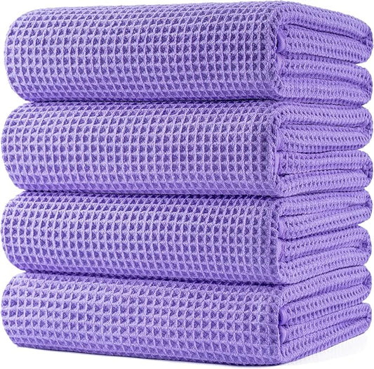 POLYTE Microfiber Oversize Quick Dry Lint Free Bath Towel, 60 x 30 in, 4 Pack (Waffle Weave)
