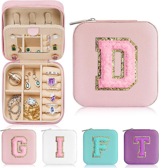 Parima Initial Jewelry Box for Women Girls, Pink Jewelry Travel Case | Chenille Letter Patches Jewelry Box | Multifunctional Personalized Travel Jewelry Case | Birthday Gifts - Letter D, Pink