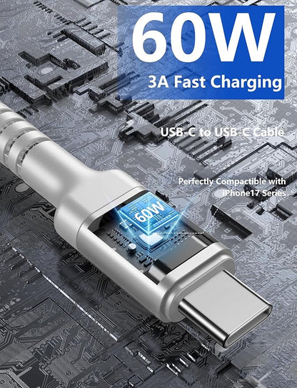 USB C to USB C Cable 10FT, 2Pack USB C Charger Cable, Long Type C Fast Charging Cable Nylon Braided USBC Charger Cord Compatible with iPhone 17/16/15/Plus/Pro Max/Samsung Galaxy S23 and More-Silver