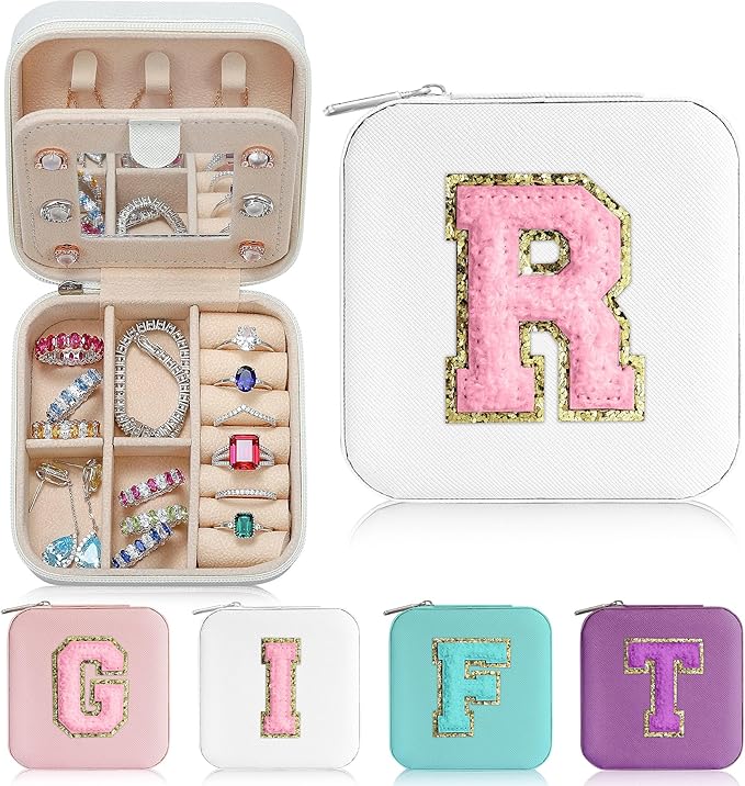 Parima Jewelry Organizer Box, Small Jewelry Box for Women Girls Initial R Travel Jewelry Case Small Jewelry Organizer Box Travel Jewelry Case Jewelry Box Organizer - Letter R, White