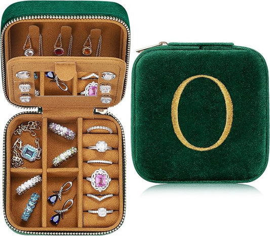 Parima Plush Velvet Jewelry Travel Organizer for Women Girl - Small Travel Jewelry Box Personalized Jewelry Case Travel Essentials for Women Birthday Mom Friends Teenage Gift Idea - Letter O, Green