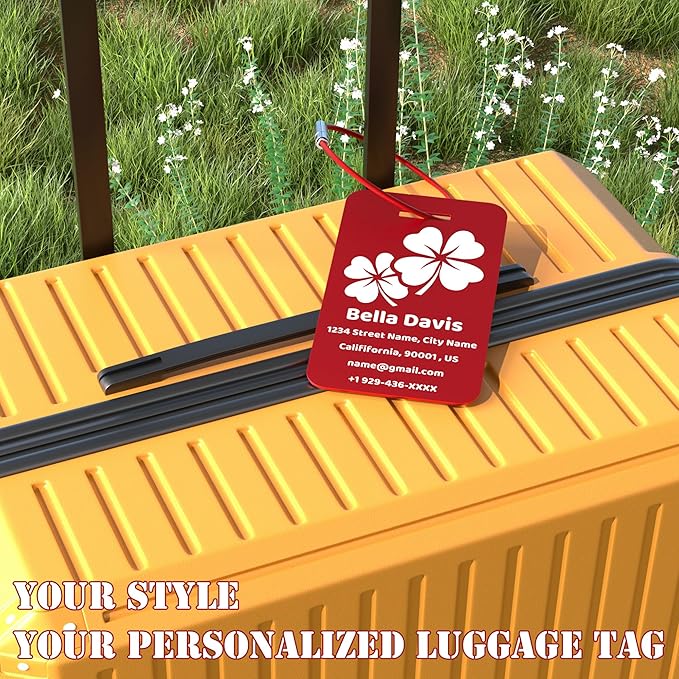 4 PCS Personalized Luggage Tags for Suitcases, Custom Aluminum Luggage Tags for Bags and Backpacks, Waterproof & Heavy Duty Personalized Metal Name Tags for Travel (Red)