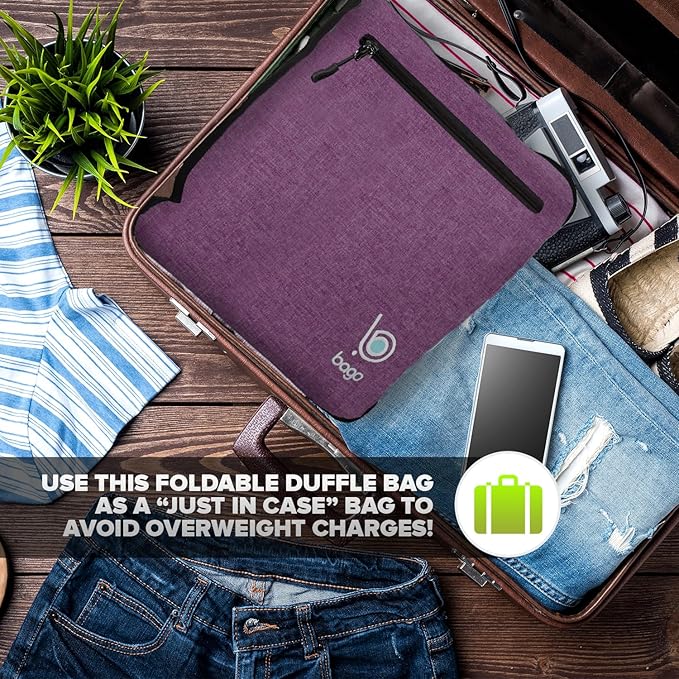 Bago Foldable Duffel Bags for Traveling Women & Men - 60L Medium Packable Duffle Bag for Travel with Shoe Compartment - Water Repellant, Heavy Duty, Lightweight Folding & Collapsible (SnowDepPurple)