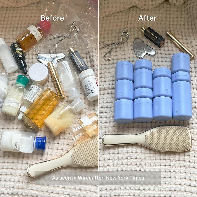 Cadence Travel Containers - Body Care Capsule Set - Magnetic Containers with Lids,Carry On Travel Essentials for Women/Men - 3 Flex Mediums (1.32oz) - Body Wash, Lotion & Sun Icon Labels - Pacific