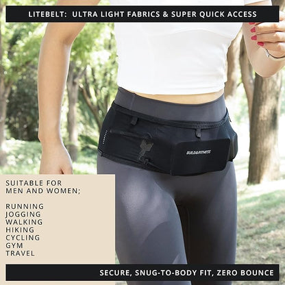 Build & Fitness LiteBelt Running Belt – 4 Quick Top-Access Pockets –Flip Waist Pack, Running Phone Holder – Fits All Size Phones, Keys, Cards, Earpods, GUs – for Men and Women (Black, M)