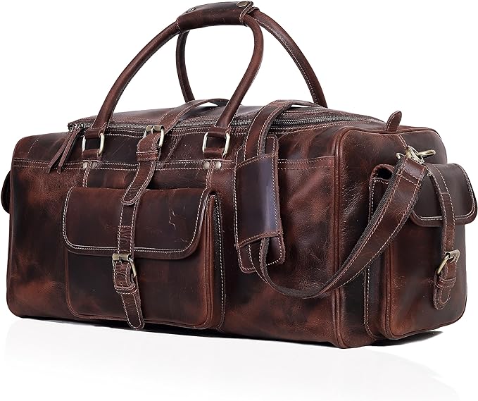 Leather Farm Travel Duffel Bags for Men & Women - Premium 24" Mens Weekender Overnight Gym Bag, Carry-On Luggage with Spacious Compartments, Stylish Leather Duffel Bag for Airplane, Sports & Trips