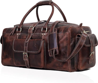 Leather Farm Travel Duffel Bags for Men & Women - Premium 24" Mens Weekender Overnight Gym Bag, Carry-On Luggage with Spacious Compartments, Stylish Leather Duffel Bag for Airplane, Sports & Trips