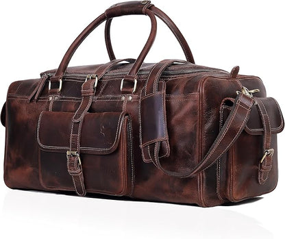 Duffle Bag For Men and Women, 28 Inch Vintage Buffalo Leather Travel Duffle Bag, Genuine Carry On Overnight Bag, Weekender Gym Bag with Shoulder Strap, Carry on Luggage Bags