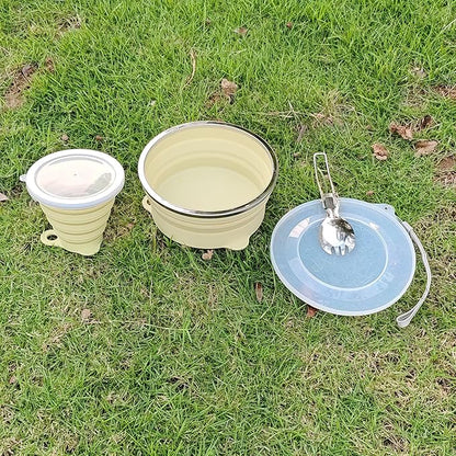 Mess Kit for Camping Silicone Collapsible Bowl Collapsible Cup and Stainless Steel Spoon for Backpacking Outdoor Hiking Traveling and Picnic - 2 Pack