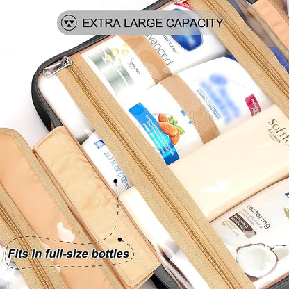 Travel Hanging Toiletry Bag for Women, Holds Full-Size Shampoo, with Jewelry Organizer Compartment, Extra Large Makeup Bag, Waterproof Cosmetic Bag, Toiletries Kit Set with Trolley Belt, Black