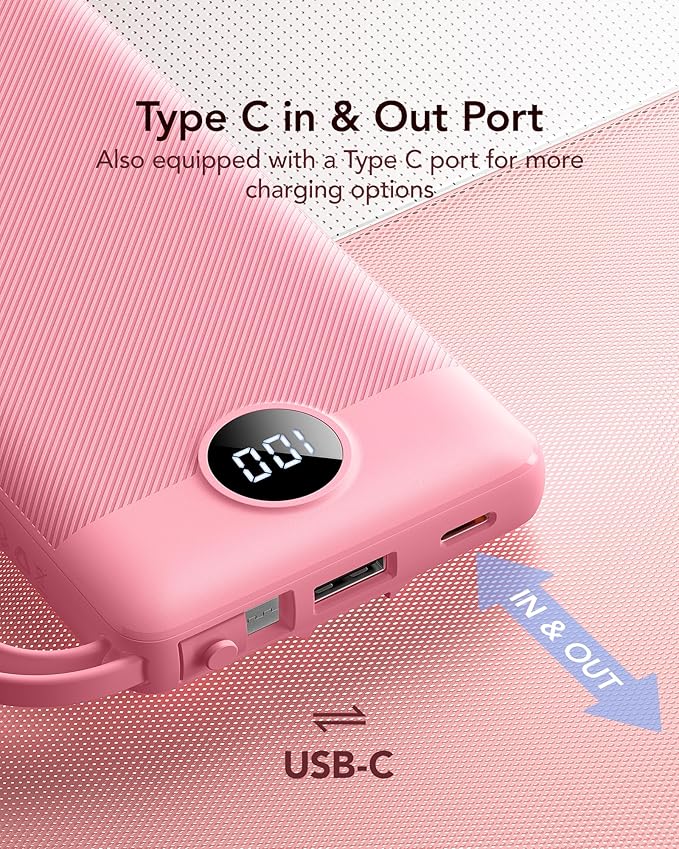 VRURC Portable Phone Charger, Travel Portable Charger with 4 Cables, 5 Outputs 2 Inputs Slim USB C Power Bank, Built-in Cables Cords for iPhone 17 16 15 14 13,Samsung,Android-Barbie Pink(1 Pack)