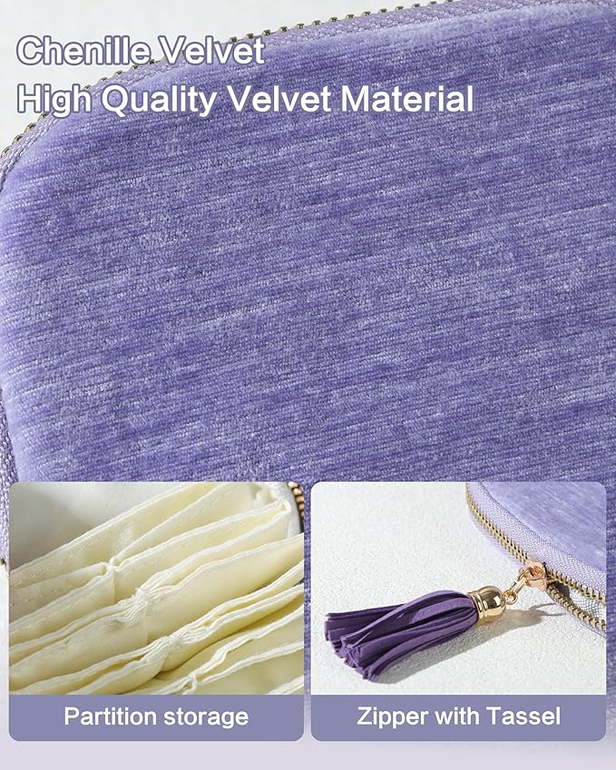 Small Travel Jewelry Case, Mini Travel Jewelry Bag with Zipper, 5-Layer Velvet Organizer Pouch for Bracelet Rings Earrings - Chenille Velvet Light Purple