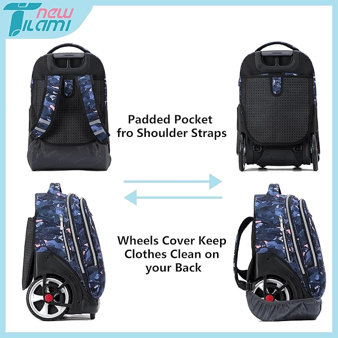 NEW TILAMI 19 Inch Rolling Backpack with Lunch Bag for Girls Boys Wheeled Laptop Backpack Durable Carry-on Bag School Travel, Doodle Grey