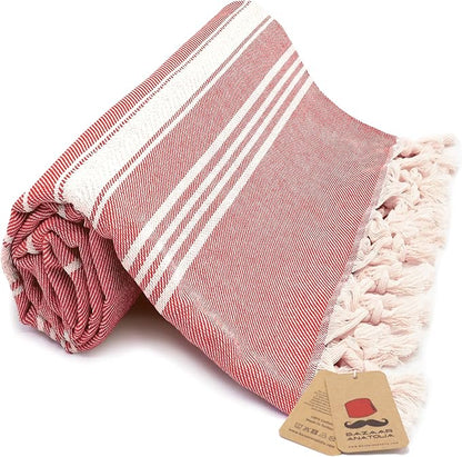 Bazaar Anatolia Turkish Beach Towel – 100% Cotton, Quick Dry, Sand Free Towel for Bathroom, Travel, Camping – Oversized 71x39 Inches – Stripe Red