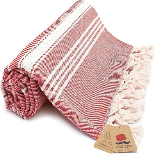 Bazaar Anatolia Turkish Beach Towel – 100% Cotton, Quick Dry, Sand Free Towel for Bathroom, Travel, Camping – Oversized 71x39 Inches – Stripe Red