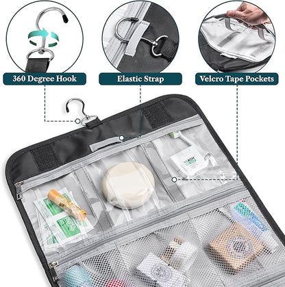 PAVILIA Hanging Toiletry Bag Women Men, Travel Kit Foldable Large Toiletries Organizer, Roll up Cosmetics Makeup Bag Accessories, Waterproof Essentials Jewelry Case (Black)