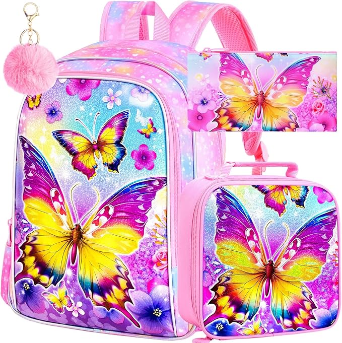 WZLVO 3PCS Butterfly Backpack for Girls, 16'' Kids Preschool Bookbag with Lunch Box, Cute Animal Water ResistantSchool Bag Set for Elementary Kindergarten Travel
