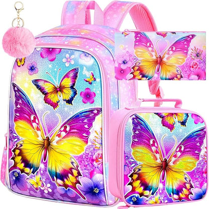 WZLVO 3PCS Butterfly Backpack for Girls, 16'' Kids Preschool Bookbag with Lunch Box, Cute Animal Water ResistantSchool Bag Set for Elementary Kindergarten Travel