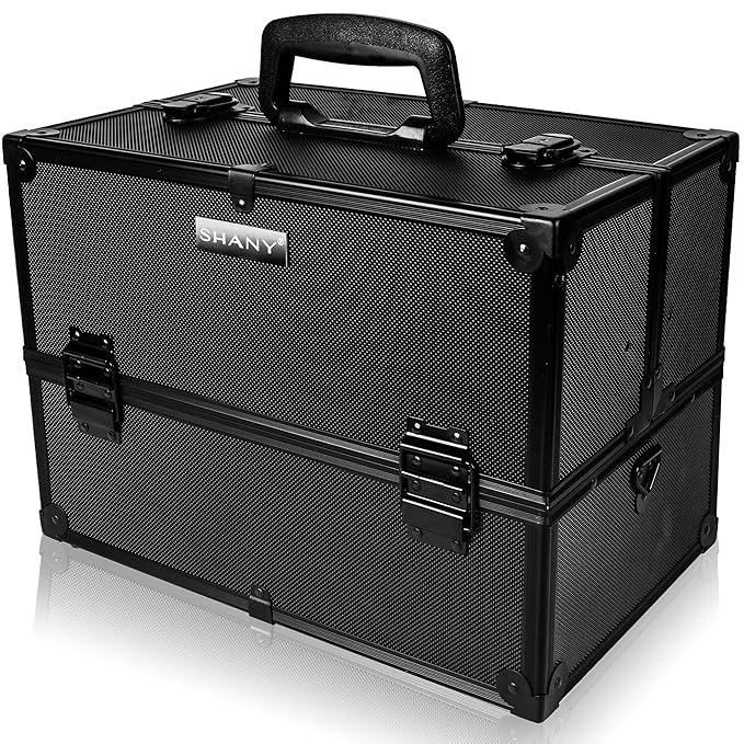 SHANY Essential Pro Makeup Train Case Cosmetic Box Portable Makeup Case Cosmetics Beauty Organizer Jewelry storage with Locks, Multi Compartments Makeup Box and Shoulder Strap - All Black
