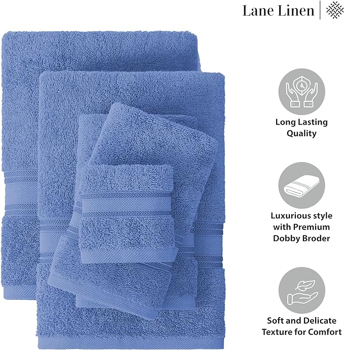 LANE LINEN Luxury Bath Towels Set - 3 Piece Set, 100% Cotton Bathroom Towels, Zero Twist, Quick Dry Shower Towels, Soft & Absorbent Bath Towel, 1 Bath Towel, 1 Hand Towel, 1 Washcloth - Cerulean Blue