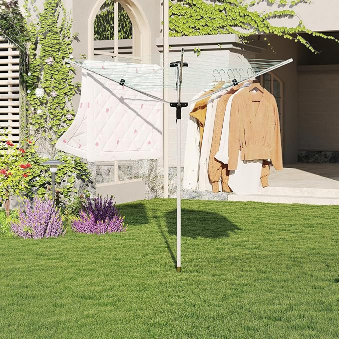 Outdoor Umbrella Drying Rack 165 Feet Umbrella Clothesline with 12 Lines Rotary Drying Rack Adjustable Height 4-Arm Foldable Clothes Drying Rack with Protective Cover for Backyard- Green