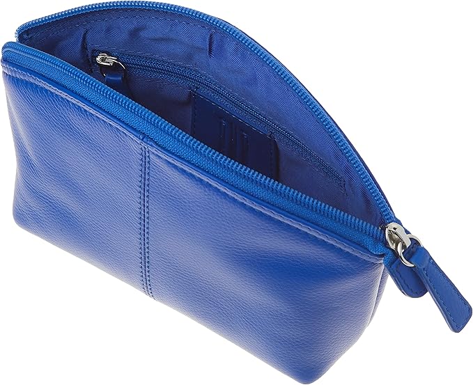 ili New York Genuine Leather Cosmetic Pouch - RFID Blocking Leather Travel Organizer Bag with Top Zip Closure and Interior Zip Pocket, Compact Lightweight Make Up Bags, Cobalt