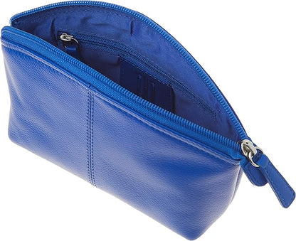 ili New York Genuine Leather Cosmetic Pouch - RFID Blocking Leather Travel Organizer Bag with Top Zip Closure and Interior Zip Pocket, Compact Lightweight Make Up Bags, Cobalt