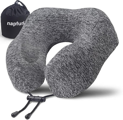 napfun Neck Pillow for Traveling, Upgraded Travel Neck Pillow for Airplane 100% Pure Memory Foam Travel Pillow for Flight Headrest Sleep, Portable Plane Accessories, Full Grey