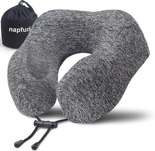 napfun Neck Pillow for Traveling, Upgraded Travel Neck Pillow for Airplane 100% Pure Memory Foam Travel Pillow for Flight Headrest Sleep, Portable Plane Accessories, Full Grey