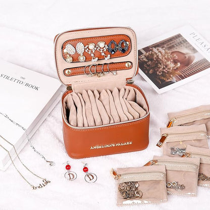 Angelina's Palace Jewelry Organizer Case Bridesmaid Gifts Travel Bag Vegan Leather Box for Necklace Earring Bracelet Ring(bran)