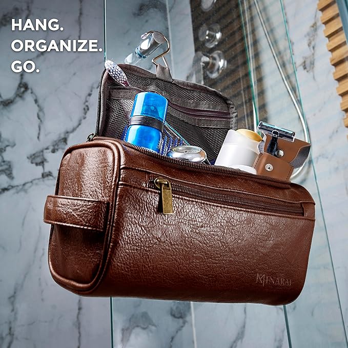 Mens Toiletry Bag with Razor Case Included – Reinforced Stitching, Padded Panels, Holds Shape Trip After Trip, Ideal for Tight Hotel Sinks with Hook, Built for Men Who Travel Hard – DARK BROWN