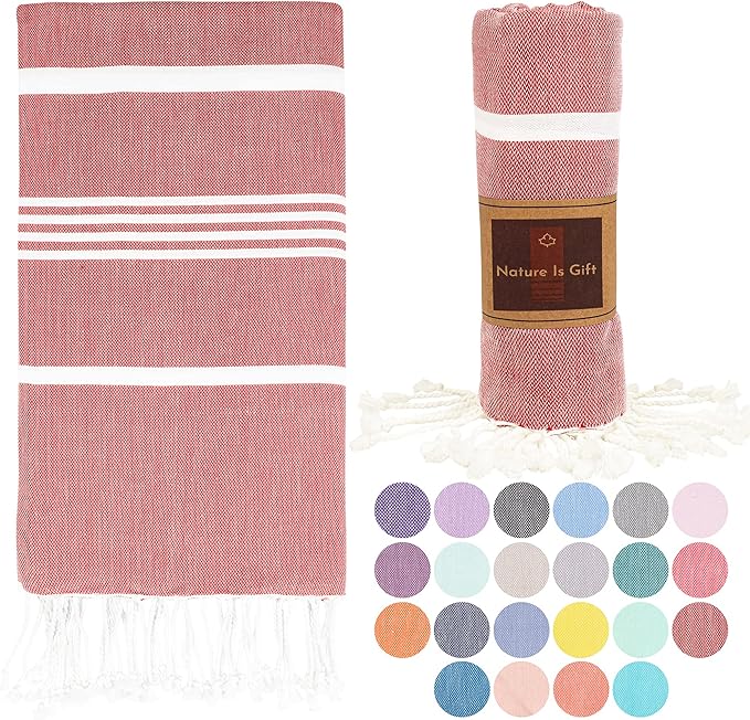 Beach Towel 100% Cotton Turkish Beach Towel Adult 38x70 Inch Pre-washed Absorbent Extra Large|Sand Free Quick Dry BathTowels|Lightweight Blanket|Travel Cruise Camping Spa Gym Yoga Sports Towel|Red