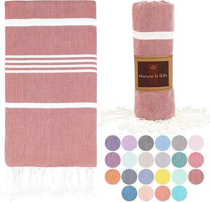Beach Towel 100% Cotton Turkish Beach Towel Adult 38x70 Inch Pre-washed Absorbent Extra Large|Sand Free Quick Dry BathTowels|Lightweight Blanket|Travel Cruise Camping Spa Gym Yoga Sports Towel|Red
