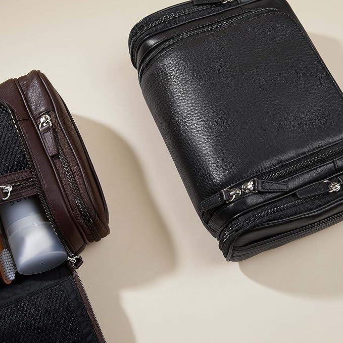 Leatherology Black Onyx Hanging Toiletry Kit – Full Grain Leather Travel Organizer with Hanger and Multiple Storage Compartments