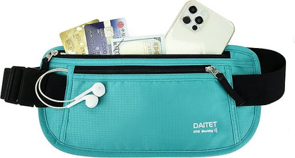 RFID Blocking Money Belt for Men Women, Slim Fanny Pack for Travel，Running,Conceal Waist Wallet for Passport Holder,Phone,Cash(Black Mint Green)