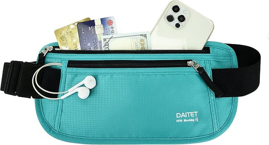 RFID Blocking Money Belt for Men Women, Slim Fanny Pack for Travel，Running,Conceal Waist Wallet for Passport Holder,Phone,Cash(Black Mint Green)