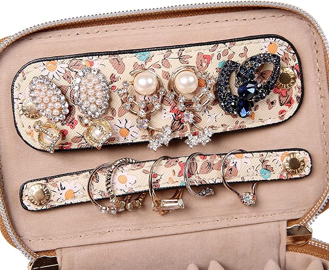 Angelina's Palace Jewelry Organizer Case Bridesmaid Gifts Travel Bag Vegan Leather Box for Necklace Earring Bracelet Ring(blossom tan)