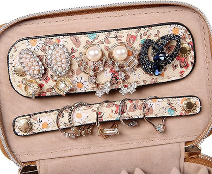 Angelina's Palace Jewelry Organizer Case Bridesmaid Gifts Travel Bag Vegan Leather Box for Necklace Earring Bracelet Ring(blossom tan)