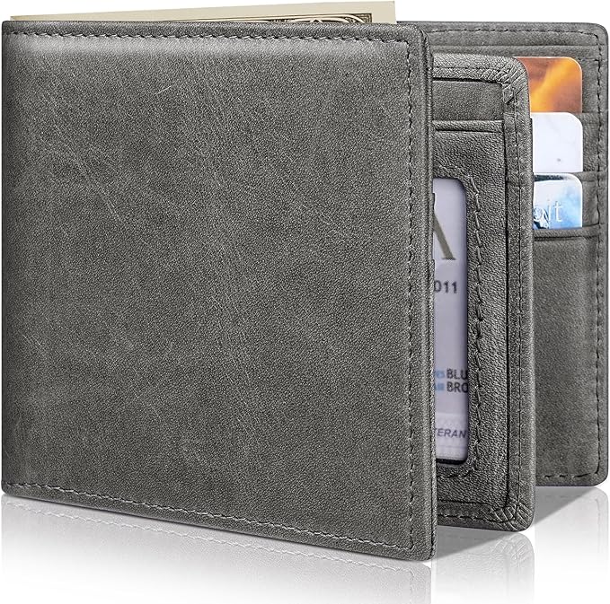 Mens Wallet Bifold Genuine Leather RFID Blocking Wallet for Men with 1 ID Windows 13 Card Holders 2 cash pockets 1 Gift Box