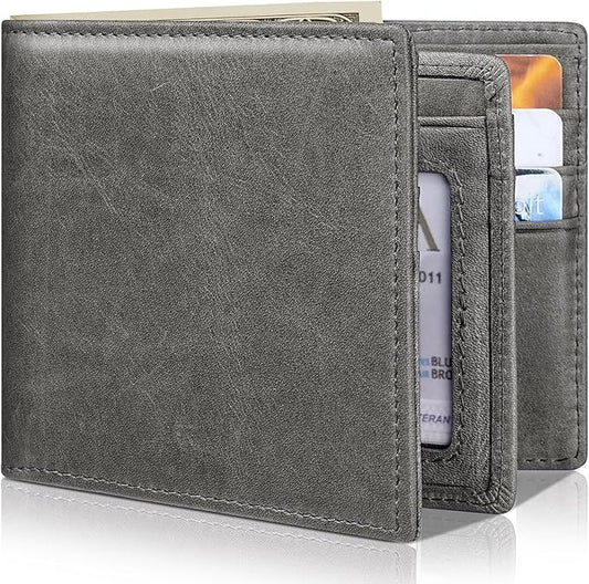 Mens Wallet Bifold Genuine Leather RFID Blocking Wallet for Men with 1 ID Windows 13 Card Holders 2 cash pockets 1 Gift Box