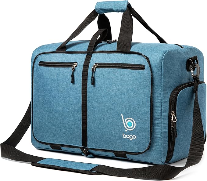 Bago Foldable Duffel Bags for Traveling Women & Men - 40L Sports Packable Duffle Bag for Travel with Shoe Compartment - Water Repellant, Heavy Duty, Lightweight Folding & Collapsible (SnowBlue)