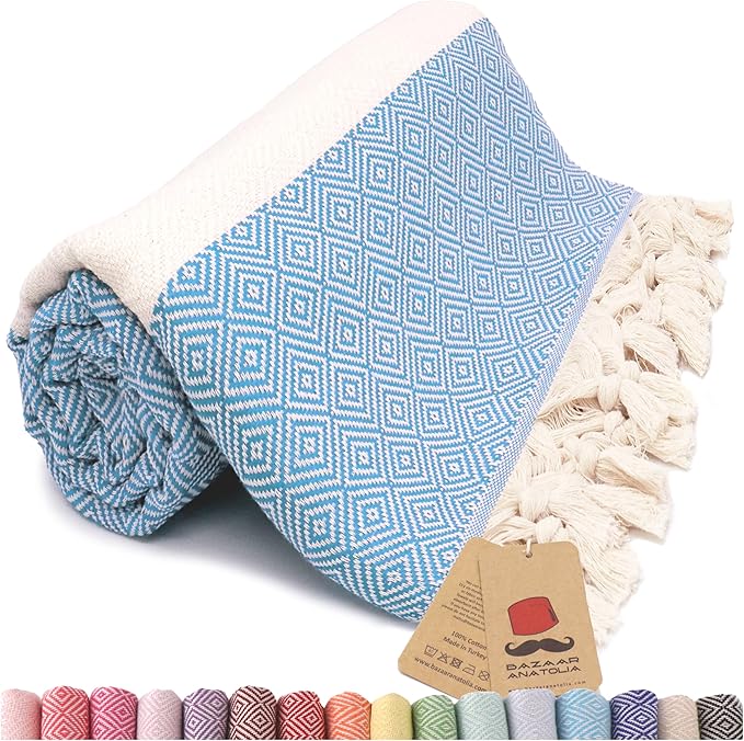 Bazaar Anatolia Turkish Beach Towel – 100% Cotton, Quick Dry, Sand Free Towel for Bathroom, Camping, Travel – Oversized 71x39 Inches – Diamond Turquoise