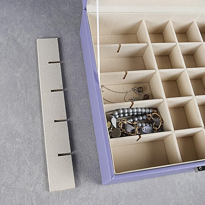 Frebeauty Earring Organizer Classic Jewelry Box 50 Slots Double Layer Jewelry Storage Case with 6 Necklace Hook and Bracelet Pocket(Purple)
