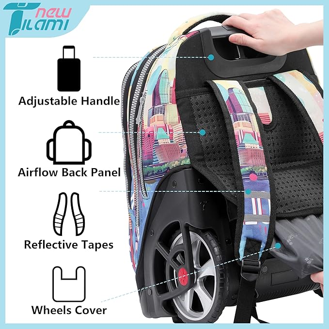 NEW TILAMI 19 Inch Rolling Backpack with Lunch Bag for Girls Boys Wheeled Laptop Backpack Durable Carry-on Bag School Travel, City